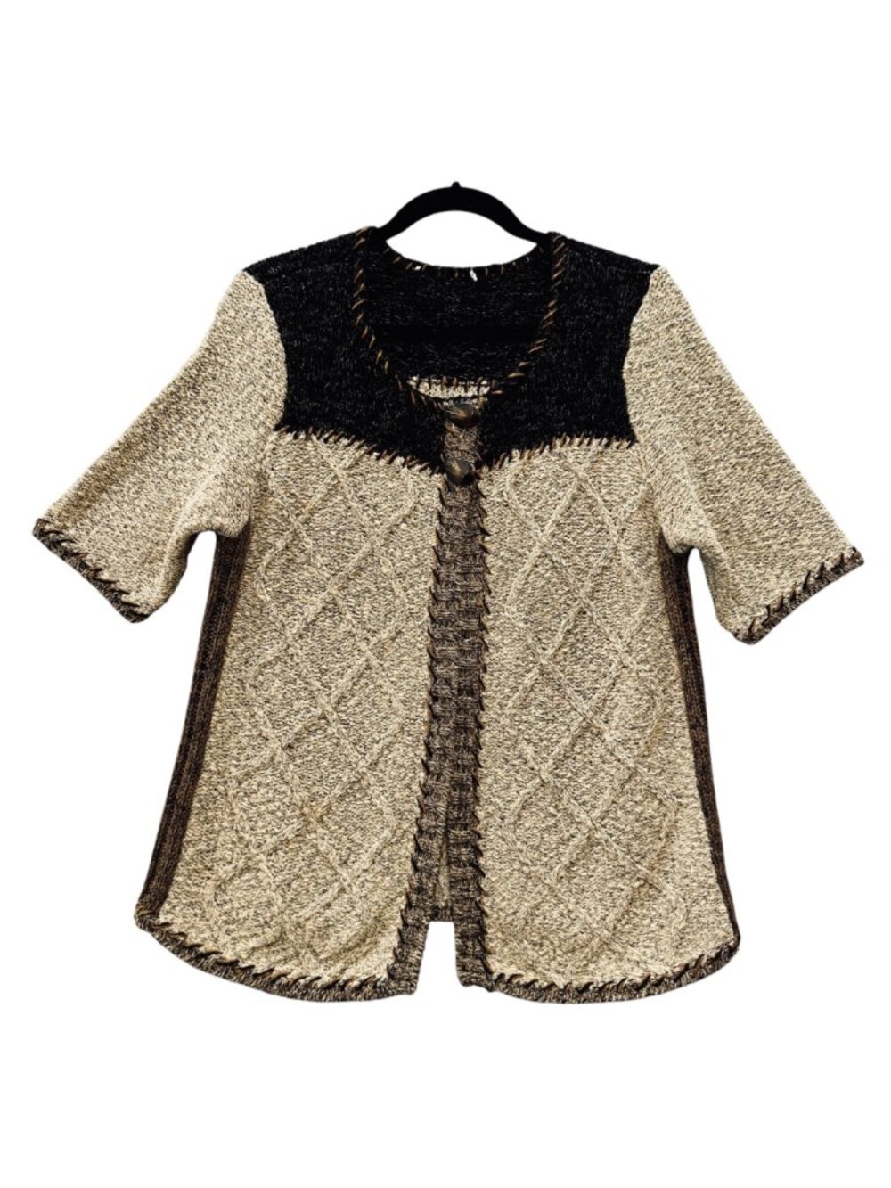 Coldwater Creek Short Sleeved Cardigan L Black Yoke Top Stitch Cozy Chunky Lodge - Picture 2 of 10